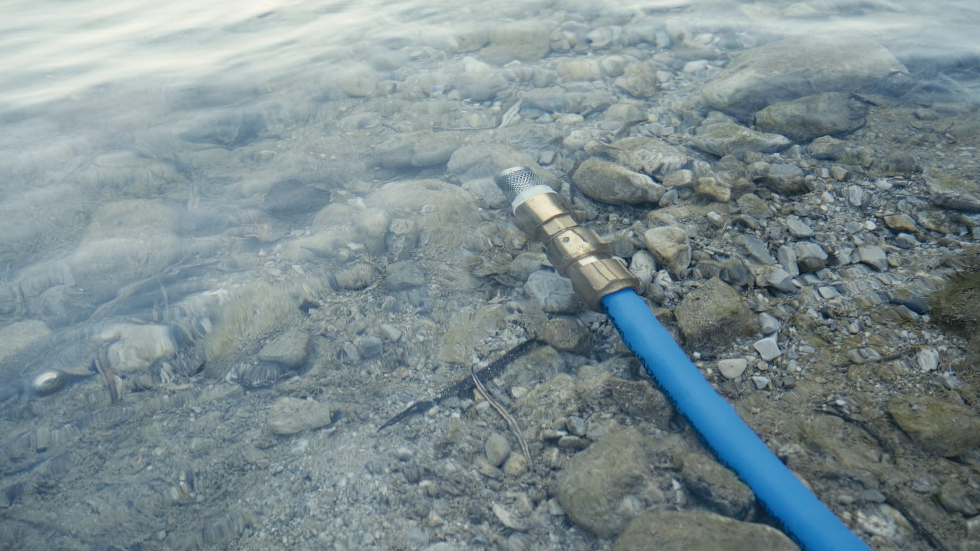 Pumping water from a river using a hose with mesh filter